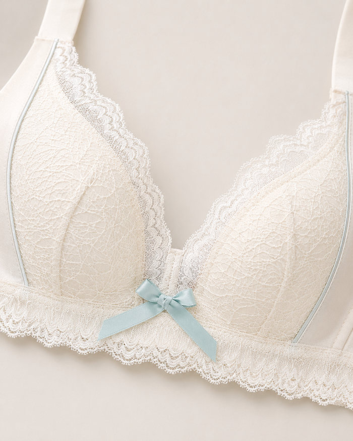Cream Lace Push Up Wireless Bra for Women – Deep V Comfort Bra – Soft Support – Shein Style Elegant Lingerie