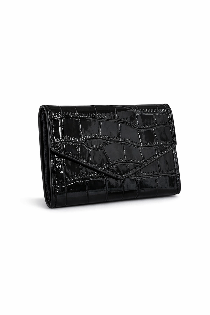Croc Embossed Mini Fold Wallet – Glossy Black Women’s Card Holder – Compact Bifold Coin Purse