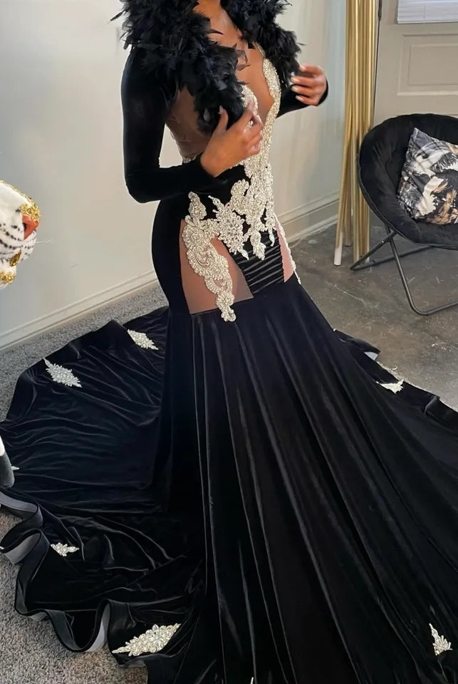 Crystal Beading Velvet Prom Dress - Envious Designs