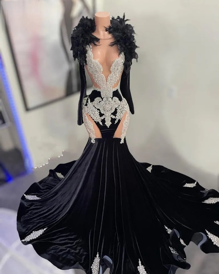 Crystal Beading Velvet Prom Dress - Envious Designs
