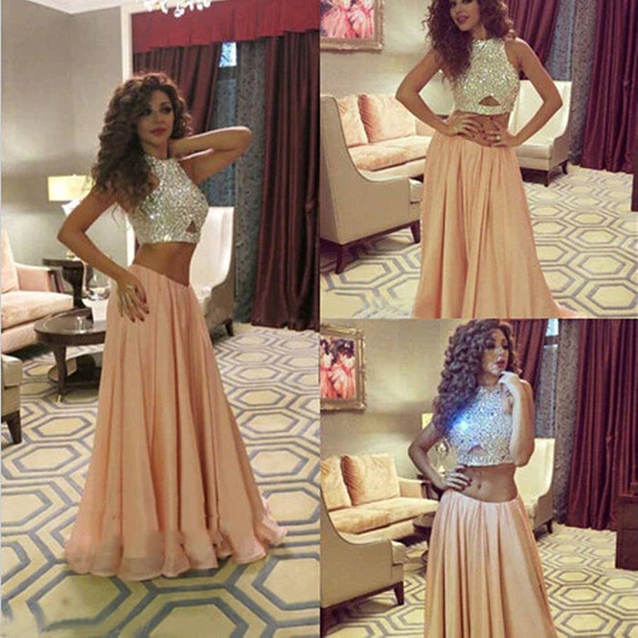 Custom Made 2 Pieces Champagne Long Prom Dresses, 2 Pieces Formal Dresses