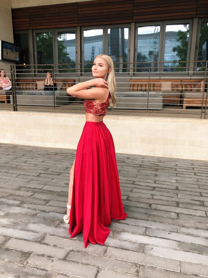 Custom Made A Line 2 Pieces High Neck Red Prom Dress, Red 2 Pieces Graduation Dress, Formal Dresses