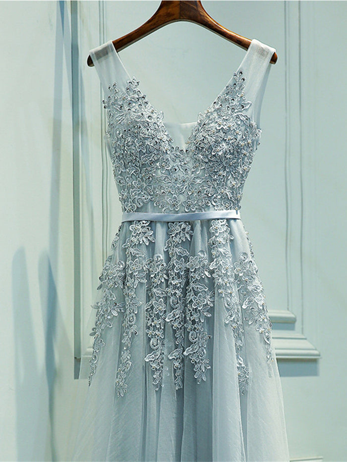 Custom Made A Line Gray/Navy Blue/Burgundy Lace Prom Dresses, Bridesmaid Dresses, Lace Graduation Dresses