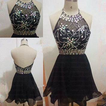 Custom Made A Line Halter Neck Backless Short Black Prom Dress, Black Homecoming Dress, Black Graduation Dress