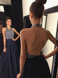 Custom Made A Line Halter Neck Black Backless Prom Dresses, Black Backless Formal Dresses