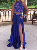 Custom Made A Line High Neck 2 Pieces Blue Prom Dresses, 2 Pieces Blue Formal Dresses