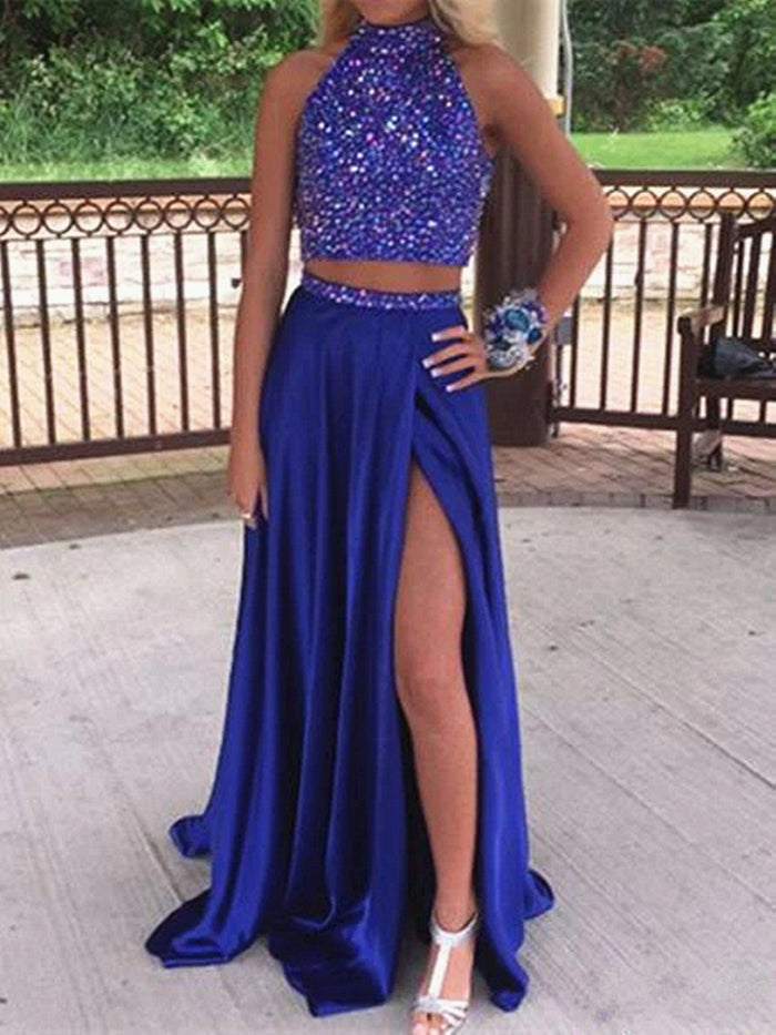 Custom Made A Line High Neck 2 Pieces Blue Prom Dresses, 2 Pieces Blue Formal Dresses