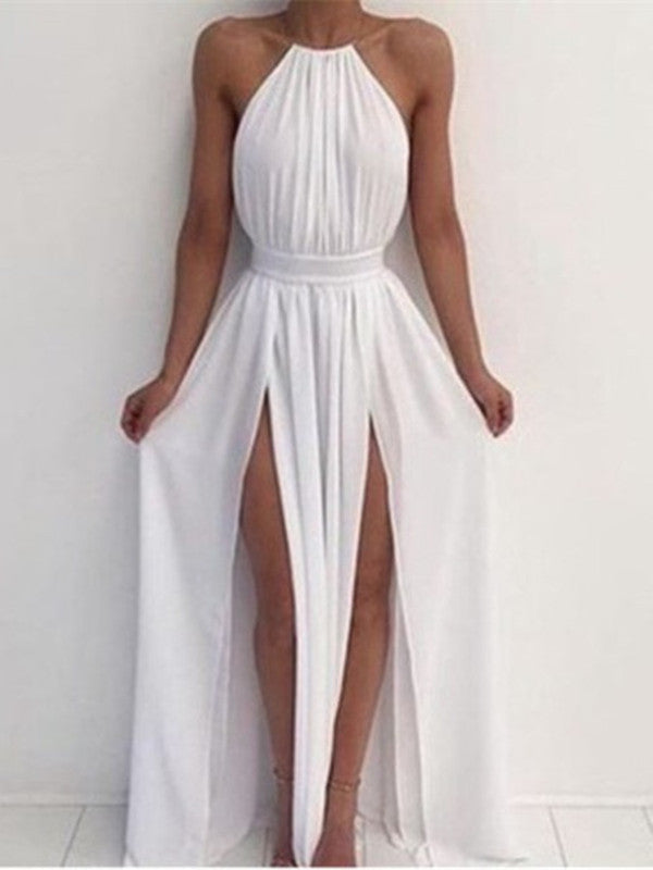 Custom Made A Line High Neck White Backless Prom Dresses, White Backless Formal Dresses, Bridesmaid Dresses