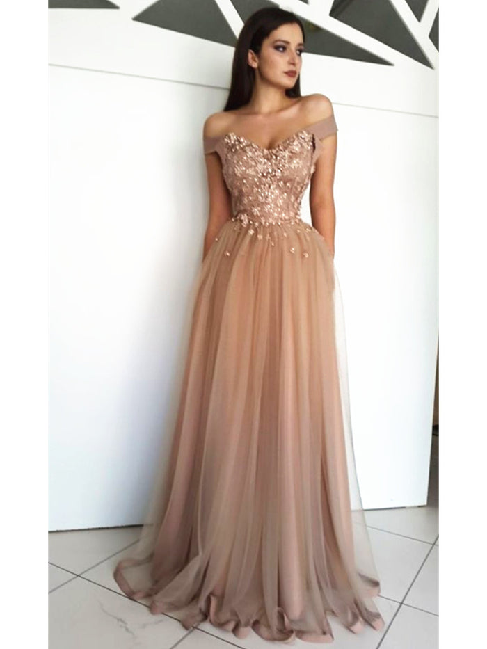 Custom Made A Line Off Shoulder Tulle Prom Dresses, Off Shoulder Formal Dresses, Graduation Dresses
