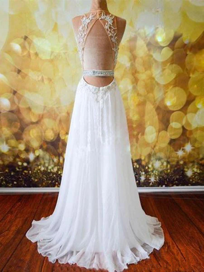 Custom Made A Line Open Back White Long Prom Dresses with Lace Appliques, Open Back Formal Dresses