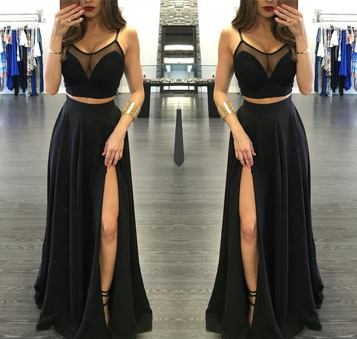 Custom Made A Line Round Neck 2 Pieces Black Prom Dresses, 2 Pieces Formal Dresses