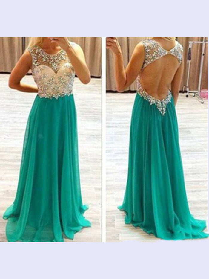 Custom Made A Line Round Neck Backless Floor Length Long Green Prom Dresses, Formal Dresses