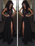 Custom Made A Line Round Neck Black Lace Prom Dresses, Black Lace Formal Dresses