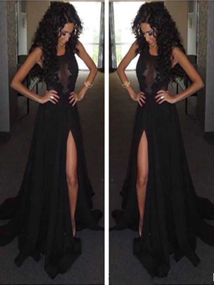 Custom Made A Line Round Neck Black Lace Prom Dresses, Black Lace Formal Dresses