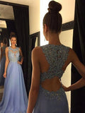 Custom Made A Line Round Neck Lace Prom Dresses, Blue Lace Formal Dresses
