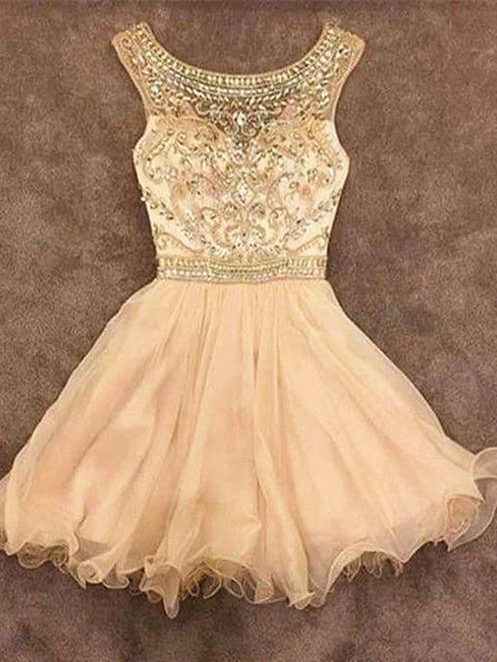 Custom Made A Line Round Neck Short Champagne Prom Dresses, Short Homecoming Dress, Graduation Dresses