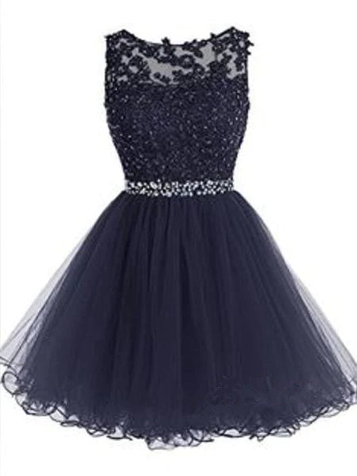 Custom Made A Line Round Neck Short Navy Blue Prom Dresses, Short Navy Blue Homecoming Dresses, Formal Dresses
