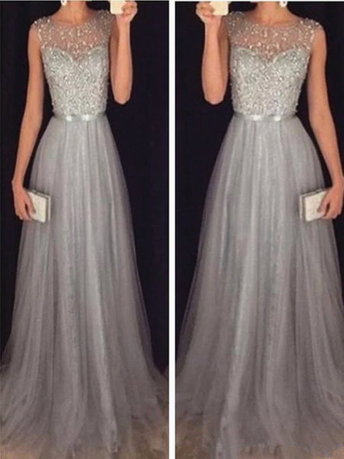 Custom Made A Line Round Neck Sleeveless Grey Prom Dresses With Sweep Train, Grey Formal Dresses