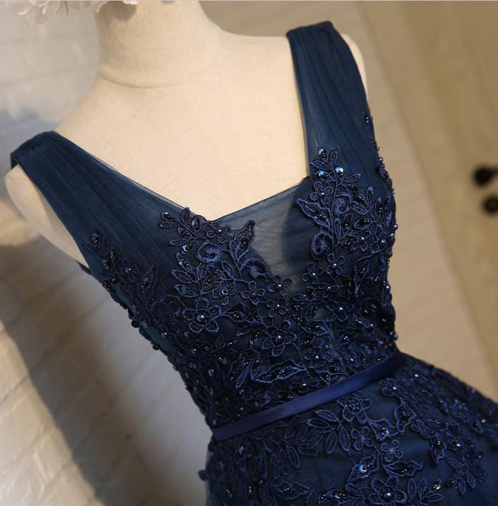 Custom Made A Line Short Navy Blue Prom Dresses, Short Lace Homecoming Dresses, Navy Blue Lace Formal Dresses