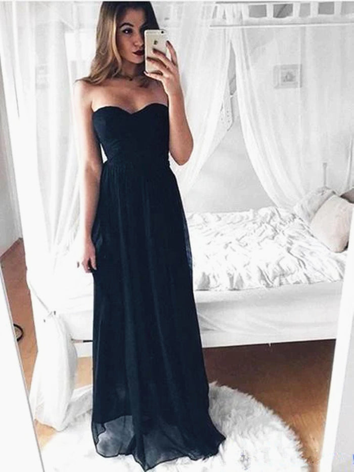 Custom Made A Line Sweetheart Neck Long Black Chiffon Prom Dresses, Black Bridesmaid Dress, Formal Dresses