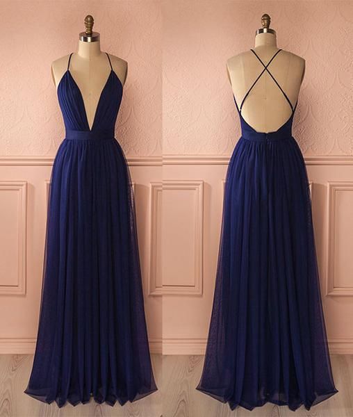 Custom Made A Line V Neck Blue Prom Dress, Backless Blue Graduation Dress, Formal Dresses, Evening Dresses