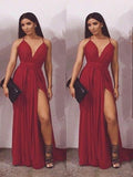 Custom Made A Line V Neck Burgundy Chiffon Prom Dresses with Slit, Burgundy Formal Dresses