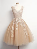 Custom Made A Line V Neck Champagne Lace Short Prom Dresses, Champagne Lace Formal Dresses, Homecoming/Graduation Dresses