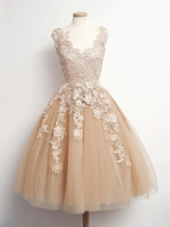 Custom Made A Line V Neck Champagne Lace Short Prom Dresses, Champagne Lace Formal Dresses, Homecoming/Graduation Dresses