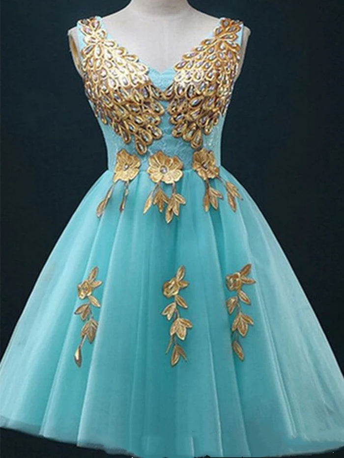 Custom Made A Line V Neck Light Blue Short Tulle Prom Dresses, Short Bridesmaid Dresses, Homecoming Dress, Graduation Dresses