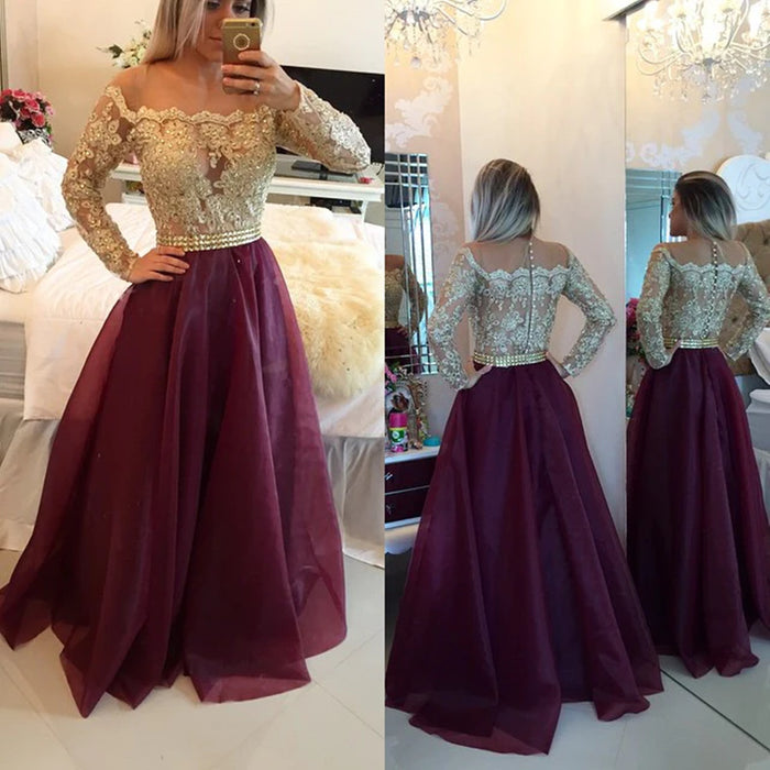 Custom Made Long Sleeves Maroon Prom Dress with Golden Top, Maroon And Golden Lace Formal Dress