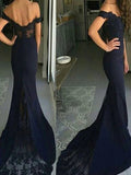 Custom Made Navy Blue Off Shoulder Mermaid Lace Prom Dress, Navy Blue Lace Formal Dress, Navy Blue Lace Bridesmaid Dress