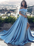 Custom Made Off Shoulder Blue Prom Gown with Slit, Blue Formal Dress with Sweep Train