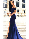 Custom Made Off Shoulder Navy Blue Prom Dress with Slit, Navy Blue Formal Dress