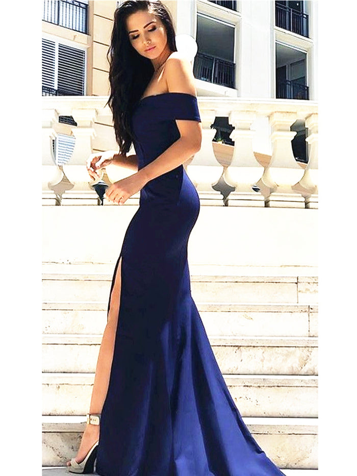 Custom Made Off Shoulder Navy Blue Prom Dress with Slit, Navy Blue Formal Dress