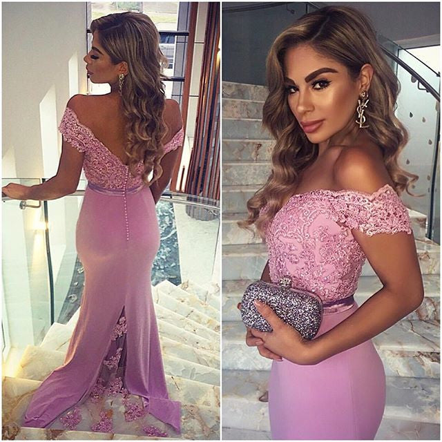 Custom Made Off Shoulder Mermaid Purple Lace Prom Dresses, Mermaid Lace Formal Dresses, Off Shoulder Bridesmaid Dresses