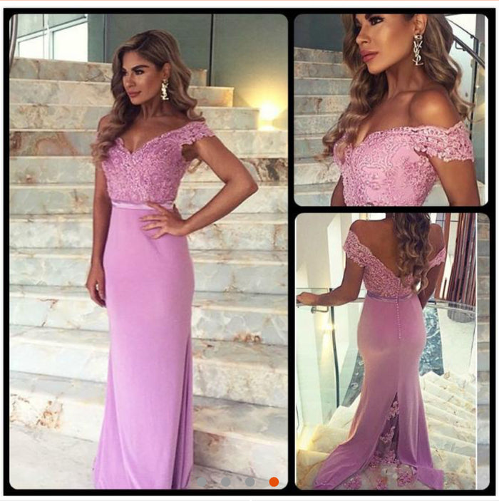 Custom Made Off Shoulder Mermaid Purple Lace Prom Dresses, Mermaid Lace Formal Dresses, Off Shoulder Bridesmaid Dresses
