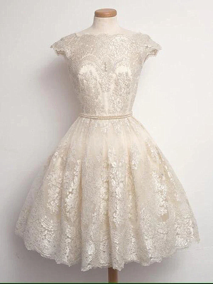 Custom Made Round Neck Cap Sleeves Short Ivory Lace Prom Dress, Short Lace Formal Dresses, Graduation Dress