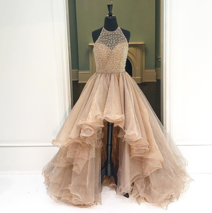 Custom Made Round Neck High Low Champagne Prom Dresses, High Low Formal Dresses