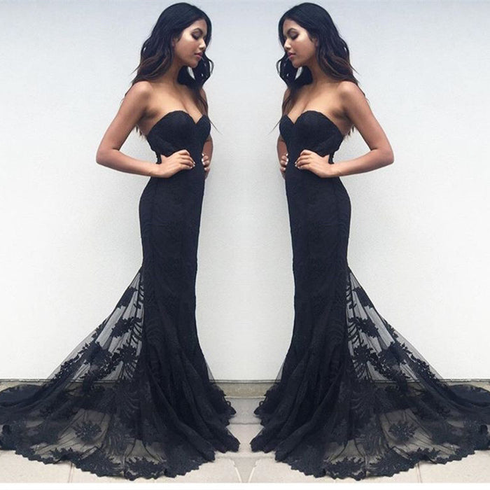 Custom Made Sweetheart Neck Black Lace Prom Dresses, Black Lace Formal Dresses, Bridesmaid Dresses