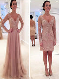 Custom Made V Neck Long Sleeves Lace Wedding Dresses, Lace Short Prom Dresses, Formal Dresses