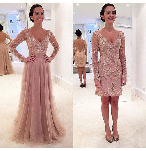 Custom Made V Neck Long Sleeves Lace Wedding Dresses, Lace Short Prom Dresses, Formal Dresses