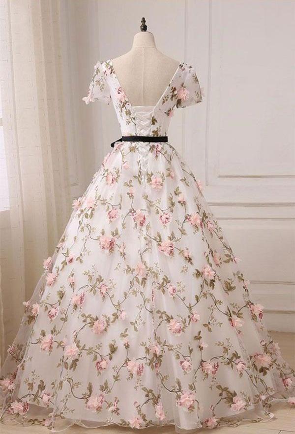 Custom Made V Neck Short Sleeves 3D Flower Prom Dresses, 3D Flower Graduation Dresses, Formal Dresses