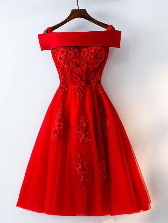 Cute A Line Off Shoulder Short Red Lace Prom Dresses, Short Red Bridesmaid Dresses, Graduation Dresses