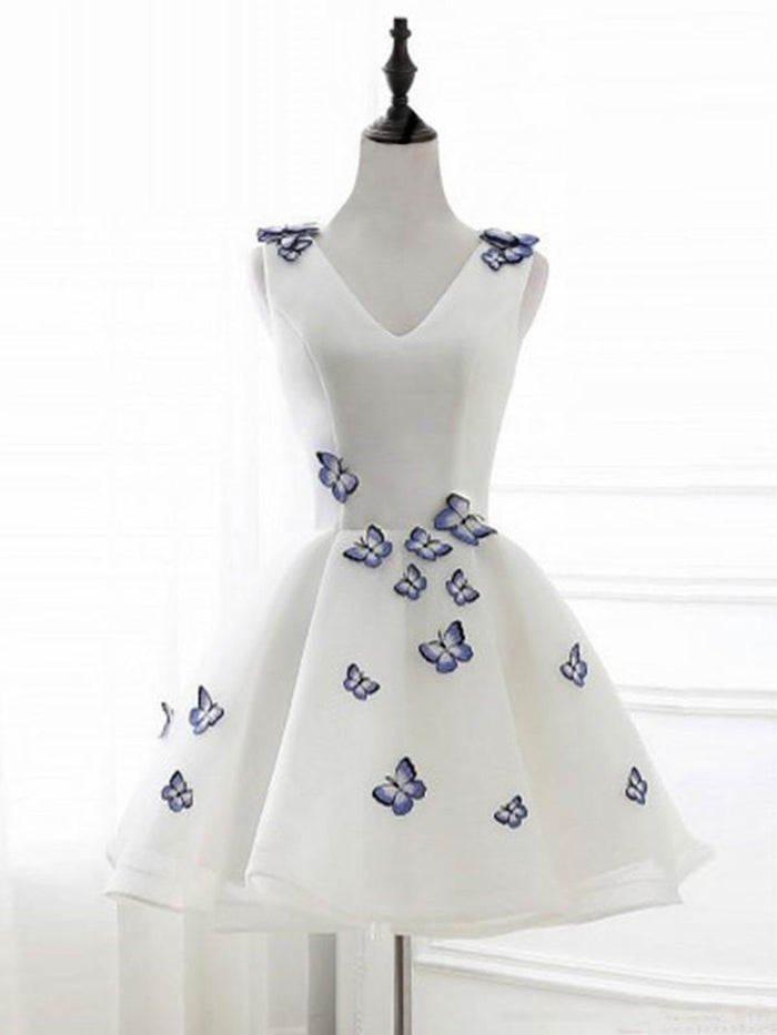 Cute Butterfly A Line Short White Prom Dresses, Butterfly Homecoming Dresses, Short White Formal Dresses