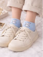 Cute Cartoon Bear Print Ankle Socks for Women – Soft Stretch Casual Low Cut Socks – Light Blue