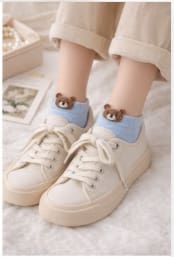 Cute Teddy Bear Detail Ankle Socks for Women – Soft Stretch Casual Low Cut Socks – Baby Blue