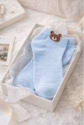 Cute Teddy Bear Detail Ankle Socks for Women – Soft Stretch Casual Low Cut Socks – Baby Blue