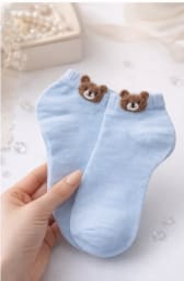 Cute Teddy Bear Detail Ankle Socks for Women – Soft Stretch Casual Low Cut Socks – Baby Blue