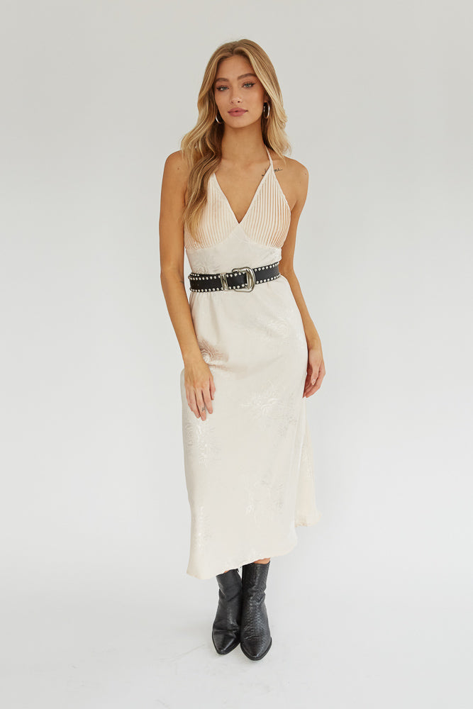 Nude floral pleated midi dress