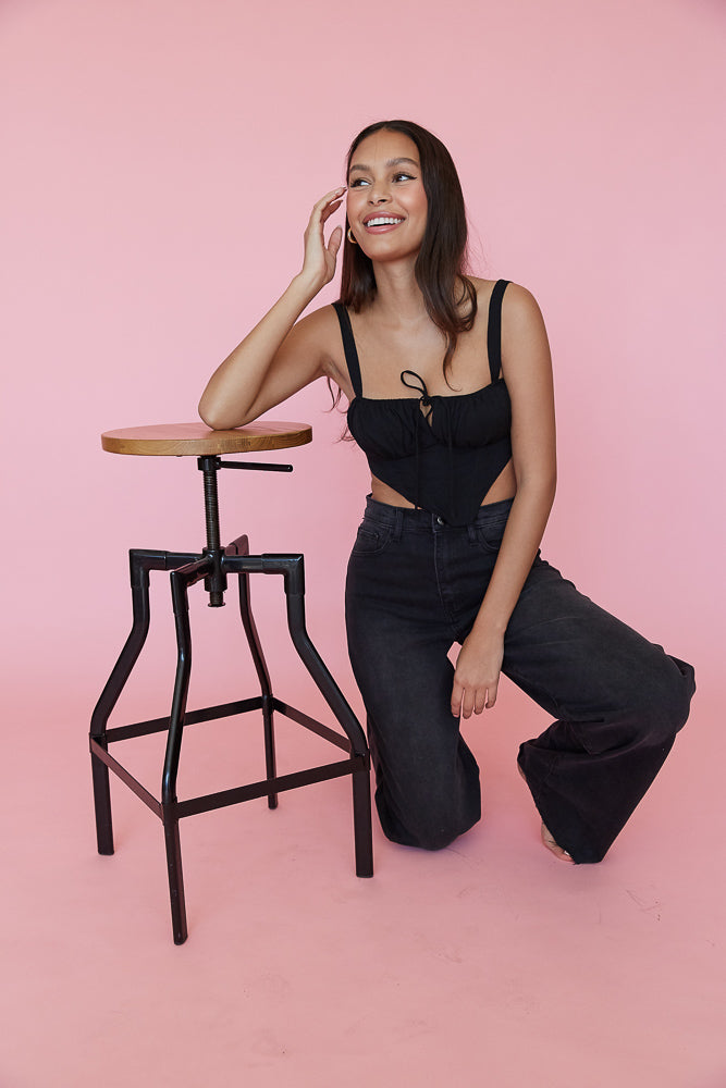 pink and black ruched corset crop top
